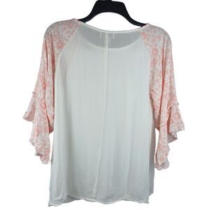 Myra Bay Ruffled 3/4 Sleeve Pink Floral White Top Size Medium Tunic Rayon Soft